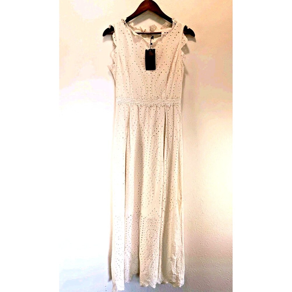 Miss ord Pastel Yellow Eyelet Lace Maxi Dress Sleeveless  Cottagecore Size L NWT